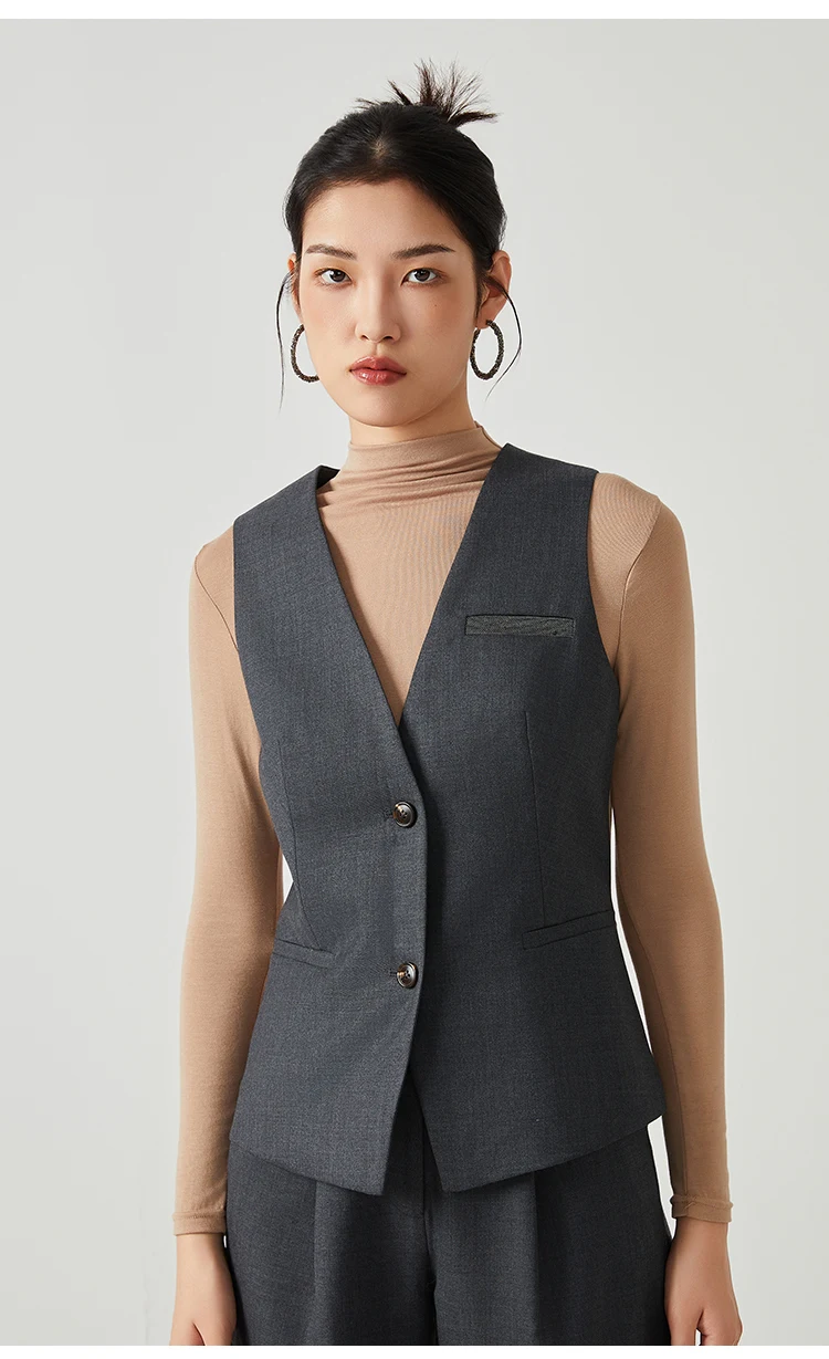 K2548W Damen Ärmellose Weste aus Wollmischung mit V-Ausschnitt und Knopfleiste, tailliert, für Büro, als Layering-Oberteil – Detail 14