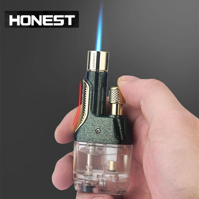 HONEST Large Capacity Windproof Lighter Cigar Jet Flame Mini Butane Thickened Transparent Window Outdoor Kitchen Lighter