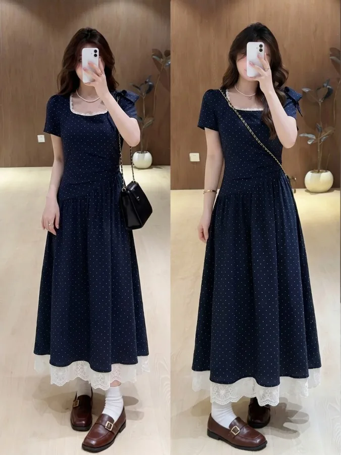

Summer 2026 Polka Dot Waist-Cinching plus Size Dress Slimming Flattering Long Skirt French Style Loose Fit Lace Breathable Sk...