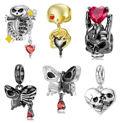 JIUHAO 925 Sterling Silver Red Heart Butterfly Skull Black Gold Ghost Haunted Charm for Original Luxury Brand Female DIY Jewelry