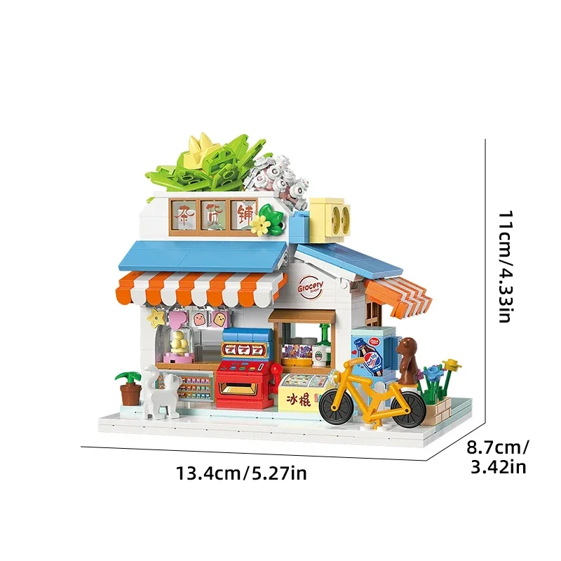 Street View Building Blocks with Light Restaurant Dessert House Bricks Kit Assemble Architecture Girls Model Kids Toy Children