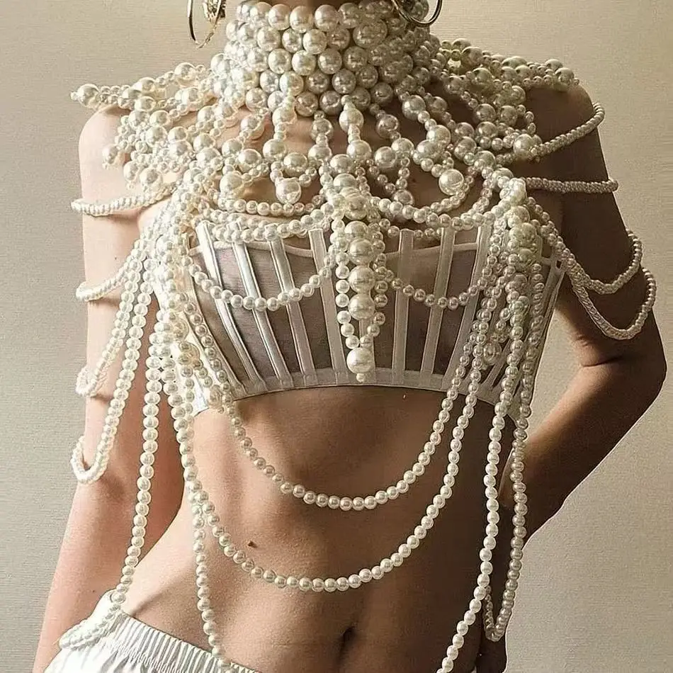 Mermaid Vintage Heavy-Duty Hand-Beaded Multi-Layer Pearl Sensual Body Chain Luxury Design Accessory Pearls Chain Fashion