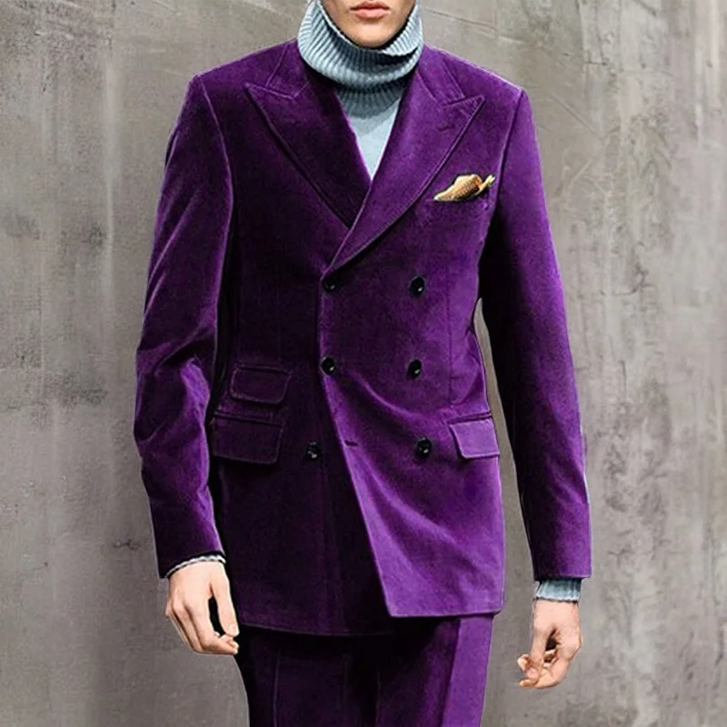 

Purple Velvet Formal Suits for Men Double Breasted Wedding Party Coat Pant Designs Peaked Lapel Groom Tuxedos Latest Style