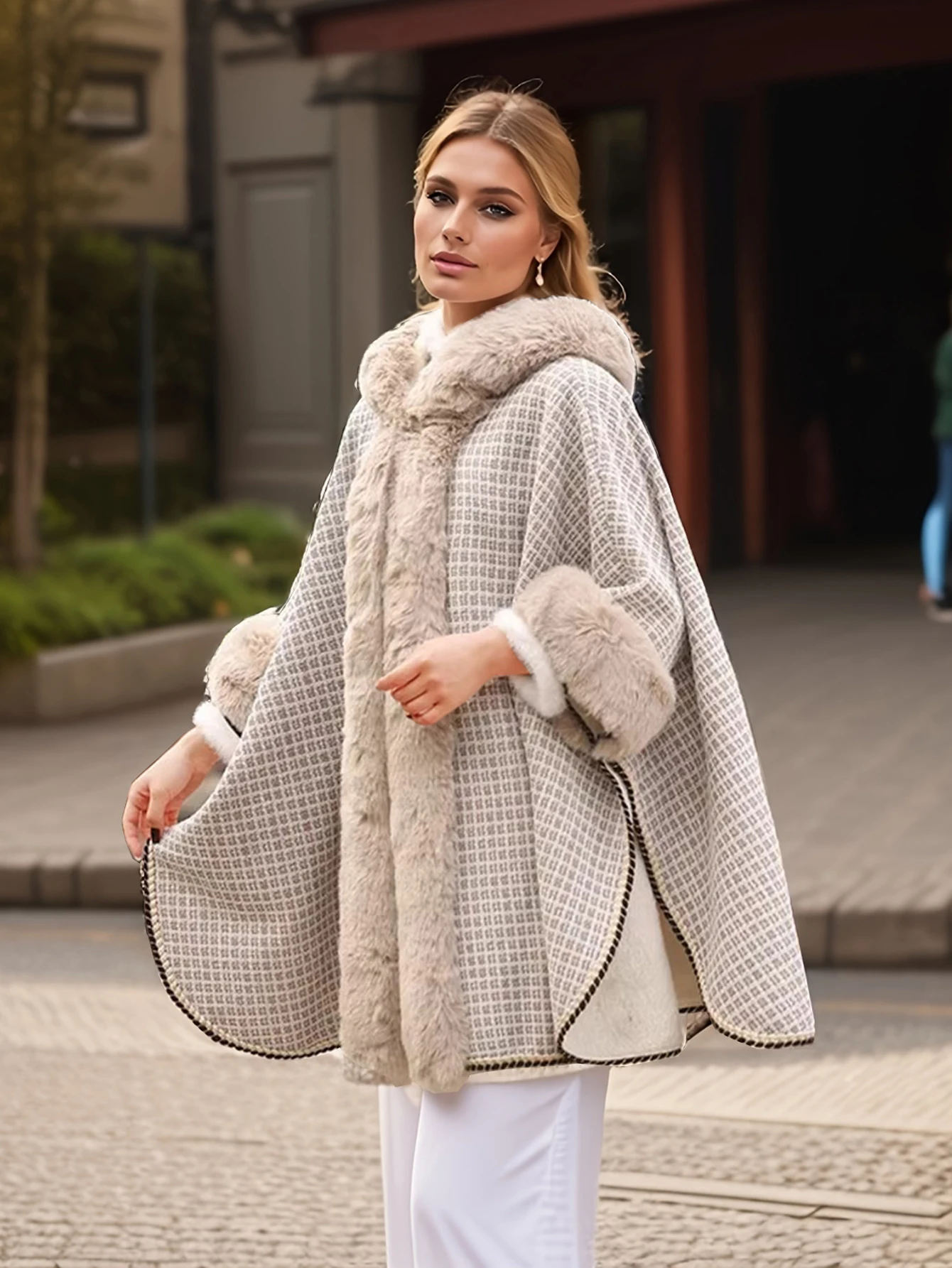 Women's Autumn and Winter Tweed Pattern Cape Imitation Otter Rabbit Fur Collar Fashion Casual Hooded Shawl