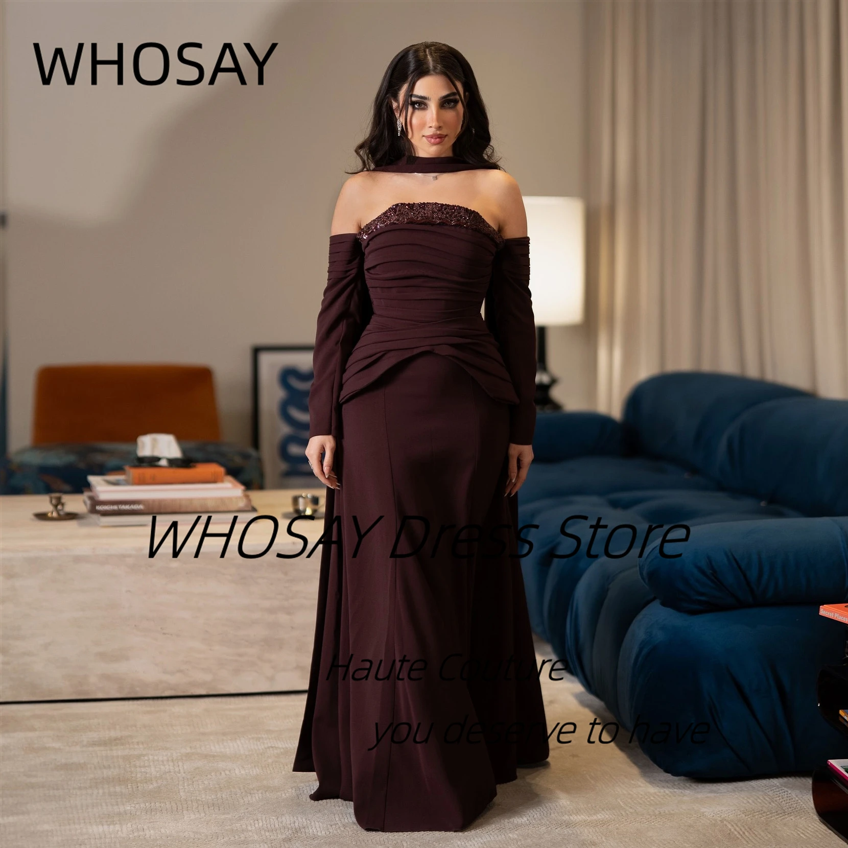 

WHOSAY Bespoke Occasion Dress Strapless Prom Dresses Long Sleeves Ruched Vestidos Des Evening Party Gowns Customized