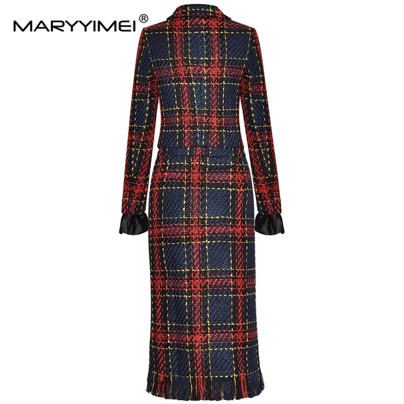 MARYYIMEI Fashion Runway Spring Skirts Suit Women Bow Diamonds Plaid Long Sleeve Coat + Pencil Tassels Midi Skirt 2 Pieces Set