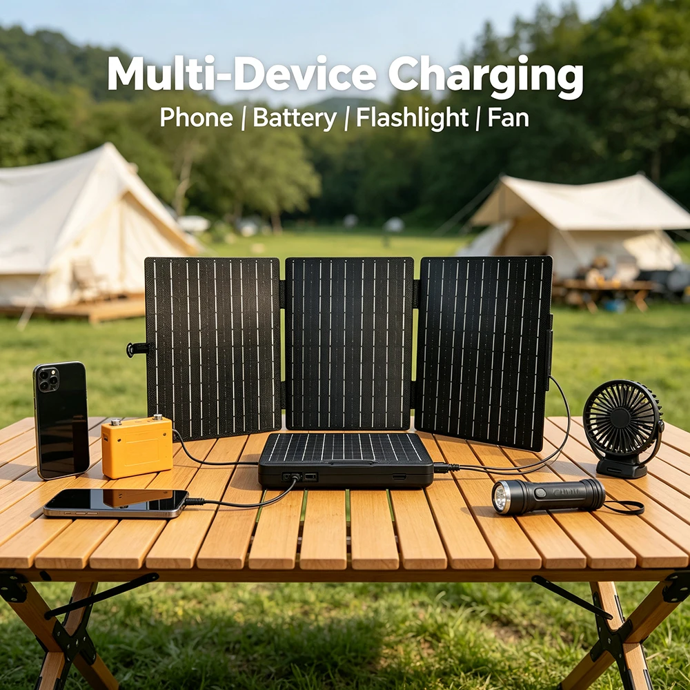 60W Monocrystalline 3‑Fold ETFE Film Solar Charging Panel for Outdoor Camping RV Power Station Emergency Power Supply