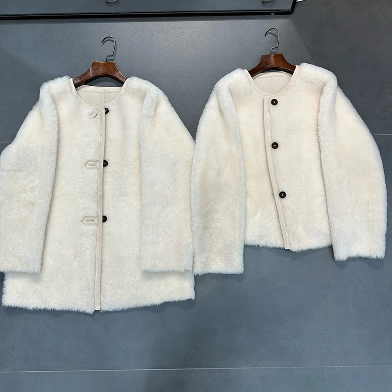 جديد ملابس الشتاء النساء معطف جلد طبيعي والفرو أوف وايت س الرقبة واحدة الصدر فضفاضة ضئيلة بسيطة قصيرة سترة فرو الضأن