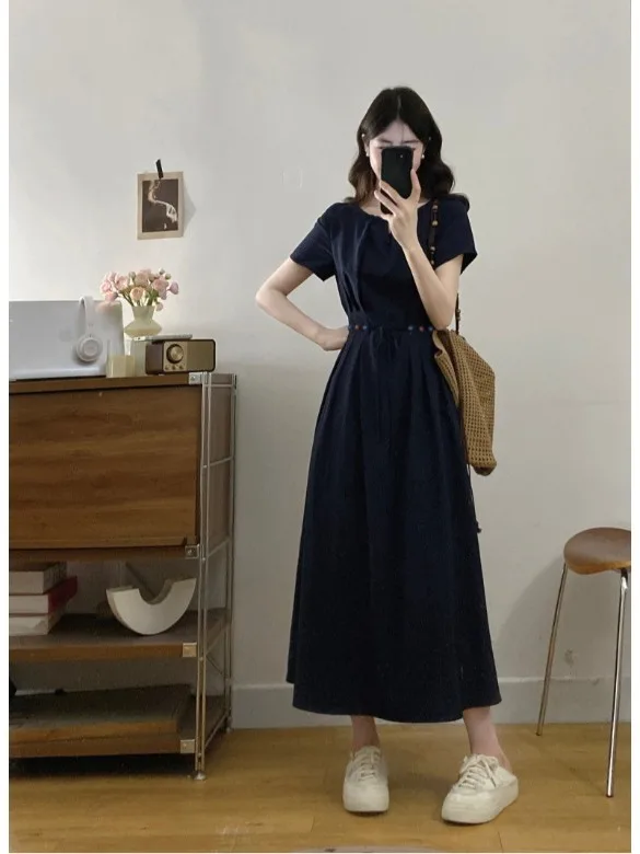 

plus Size Women's Short Sleeve Dress Slimming Waist Design A-Line Long Dress Korean Style Commute Fashion Summer New Arrival
