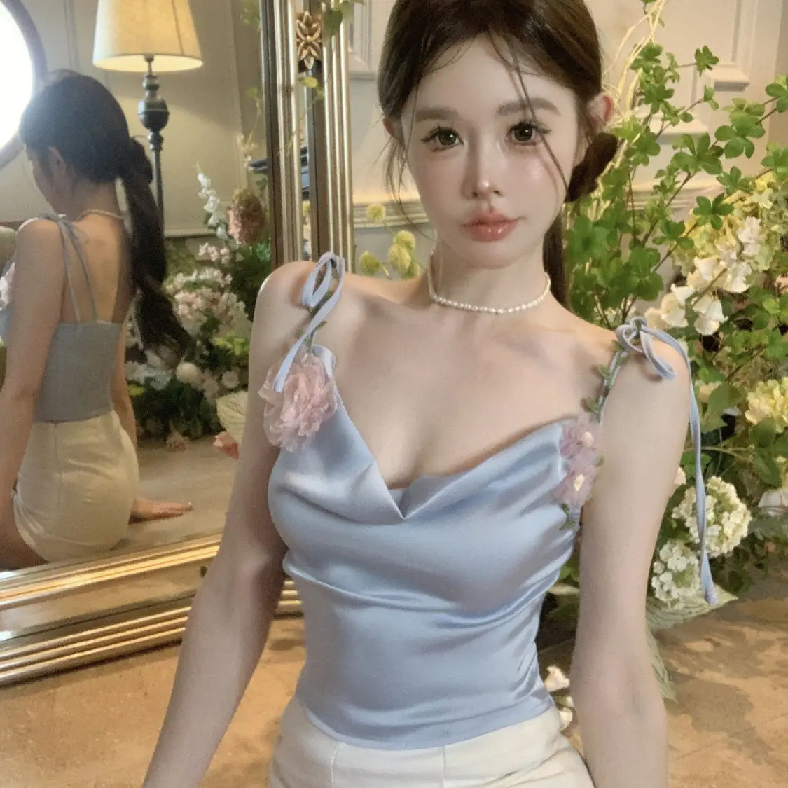 

Ladies Fashionable Bright Line Decoration Satin Camisole Summer Fashion Patchwork Floral Slim Corset Camis Tops Women's Top Tee