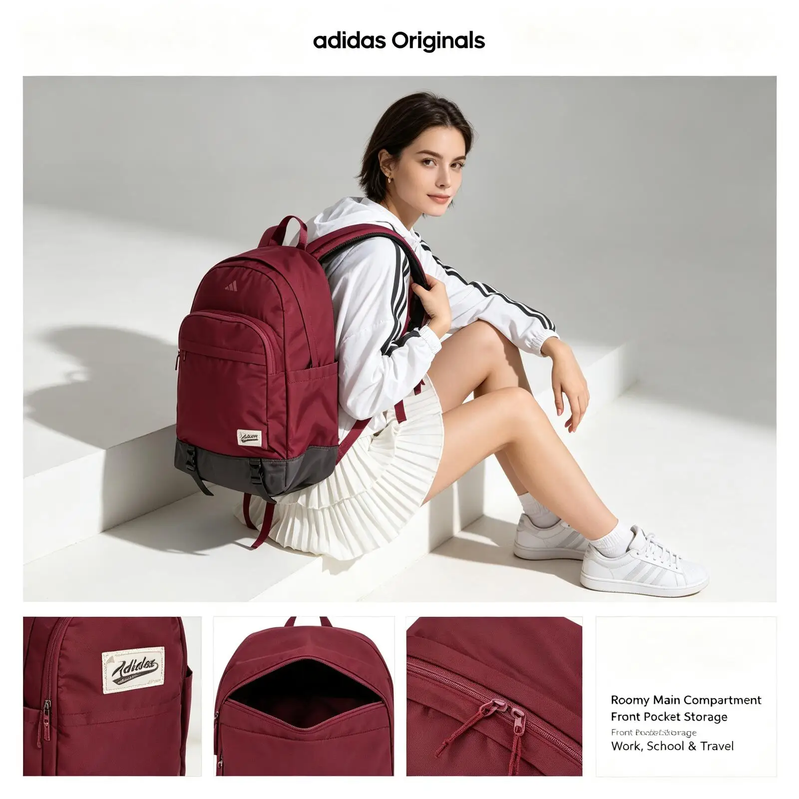 Adidas Women Burgundy Backpack Classic Logo Soft Casual Daypack Front Pocket Adjustable Shoulder Straps Travel Daily Rucksack