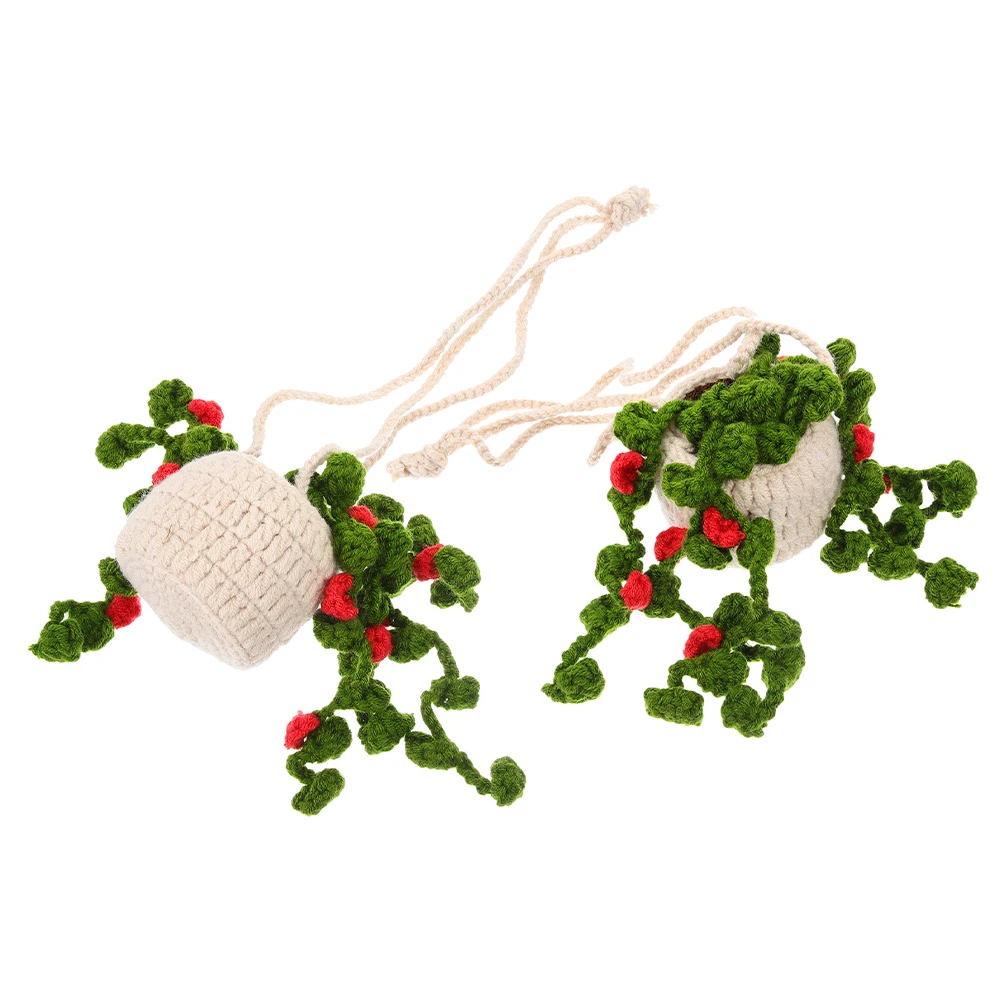 

2pcs Car Pendant Handmade Crochet Plant Decor Boho Hanging Accessories For Women Interior Aesthetic Rearview Mirror Ornament