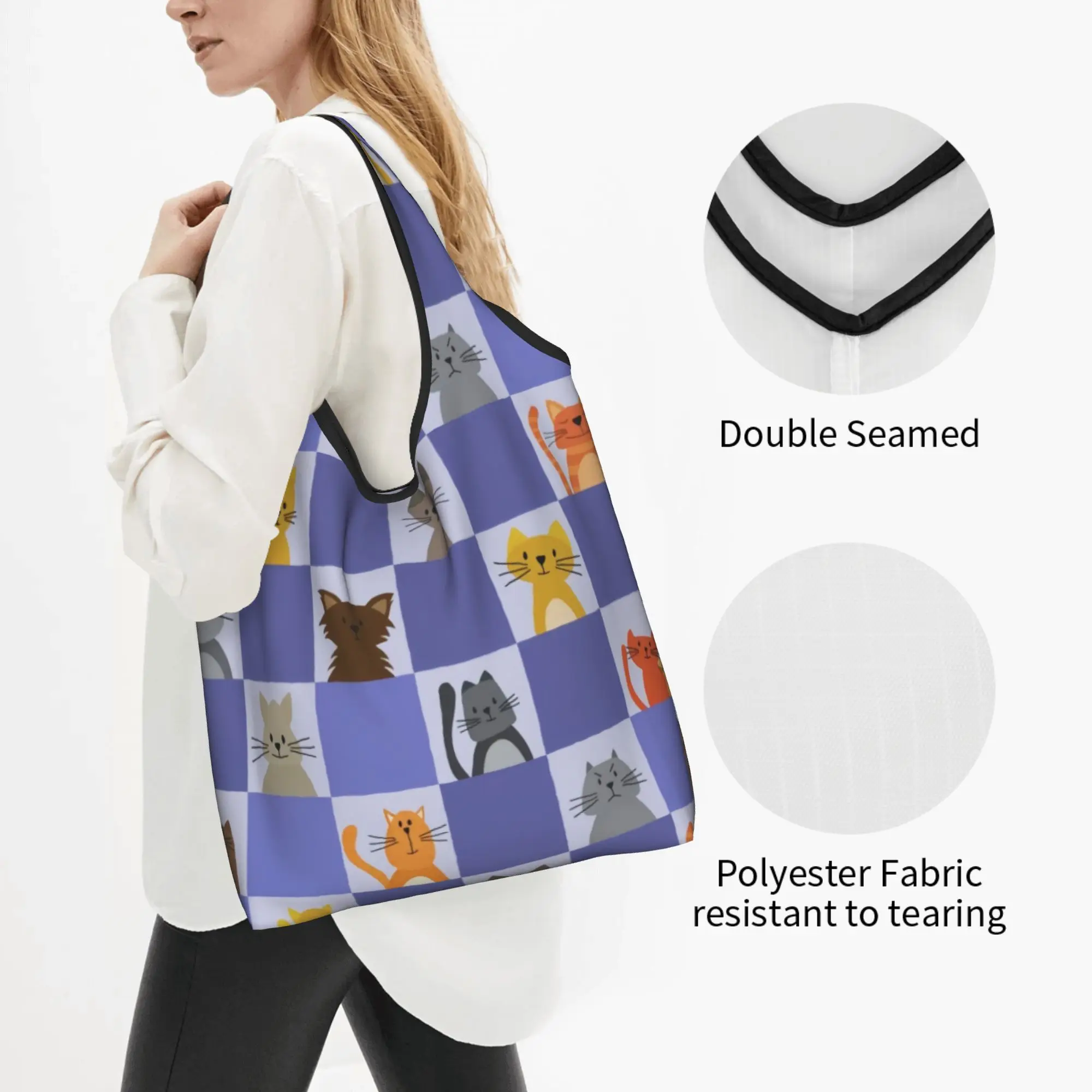 Cute Printing Checkerboard Cat Peri periwinkle Tote Shopping Bag Portable Shoulder Shopper  Handbag