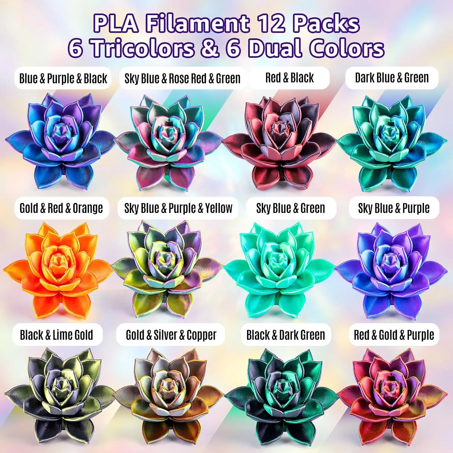 Twelve Spools Silk PLA Plus Filament One Point Seven Five Millimeter Two Hundred Fifty Grams