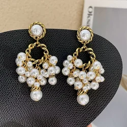 Silver Needle Tassel Round Pearl Earrings for women Retro High-end Personalized Earring Commuting Middle-aged Vintage Jewelry