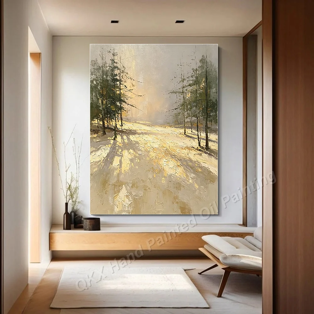 Impasto Hand-Painted Oil Painting Golden Sunlight Pine Forest Path Vertical Canvas Art for Living Room Decor