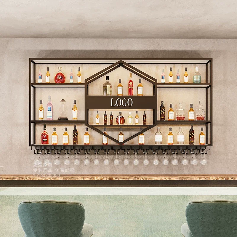 

#@Bar counter wall wine rack, restaurant wall-mounted wine cabinet, bar wall storage rack, commercial wall display cabinet
