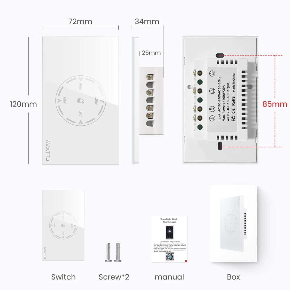 AVATTO Tuya WiFi 20A/4400W Smart Boiler Switch，Water Heater Touch Switch Countdown Timer Schedule Support Alexa Google Home