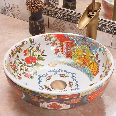 Round Premium Color Pattern Vintage Vintage Style Washbasin Bathroom Ceramic Countertops Art Sink Utensils