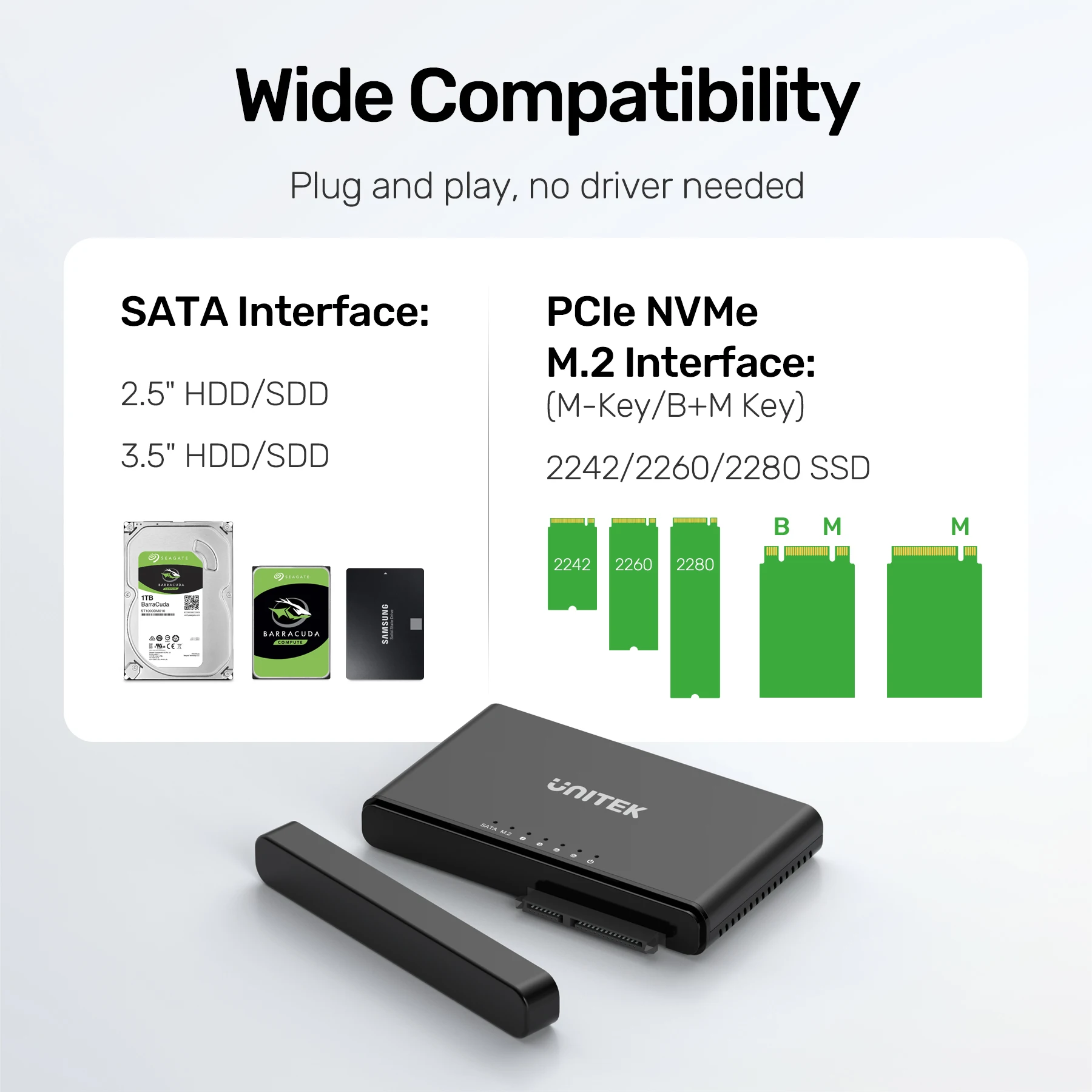 UNITEK M2 SATA Hard Drive Adapter to USB C 3.1 Docking Station Converter for 2.5/3.5 inch SSD M.2 M-Key NVME External Enclosure