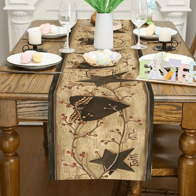 Vintage Farmhouse Table Runner, Black Plaid Country Star Print, Rectangular Table Decor for Dinner, Wedding, Home Party