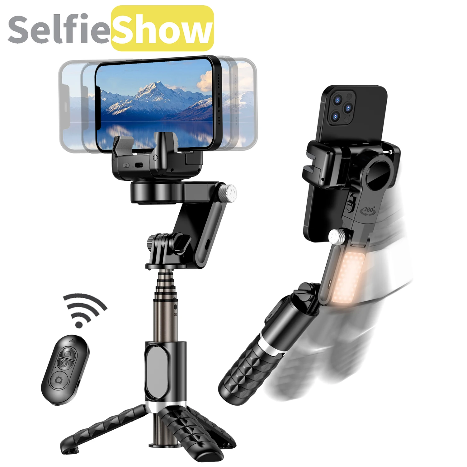 

Selfieshow 360 Rotation Following Shooting Gimbal Stabilizer Fill Light Selfie Stick Tripod Holder Tripe For Live Photography