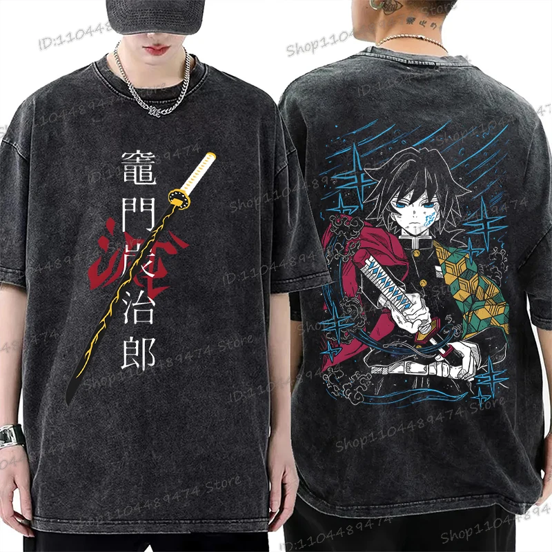 

Anime Demon Slayer Vintage Wash T Shirt Men's Retro Style Short Sleeve T-Shirt Tomioka Giyuu Graphics Oversized Streetwear