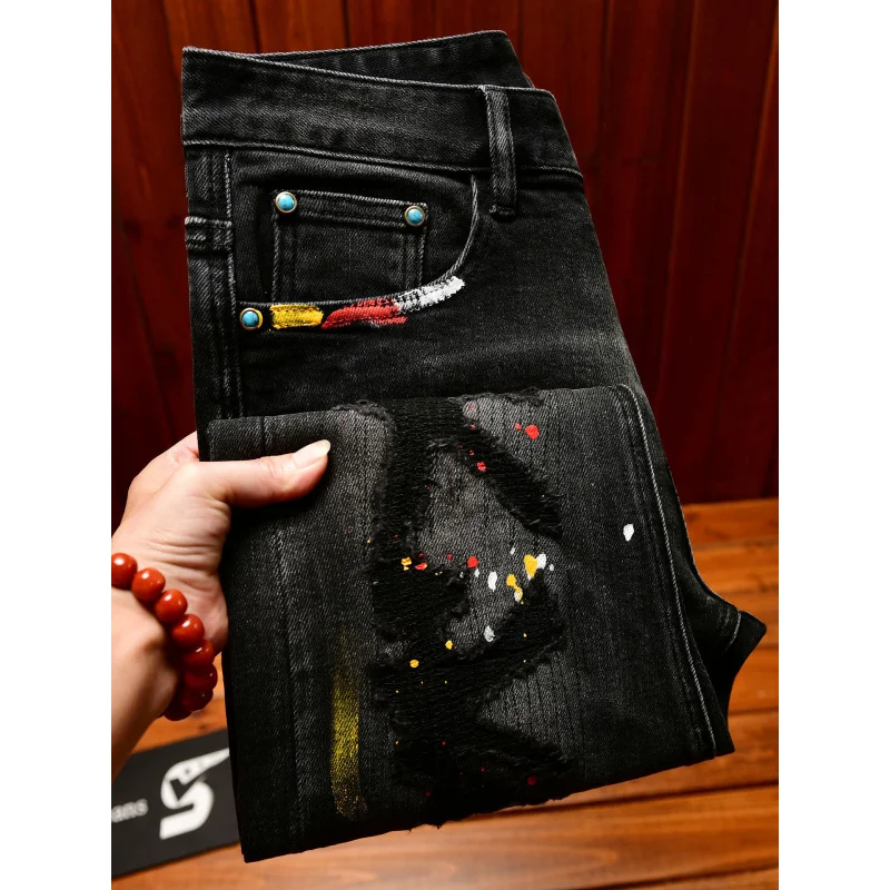 High-End Vintage Ripped Jeans for Men Slim Fit Trendy Paint Print 2025 Autumn and winter casual trendy long pants