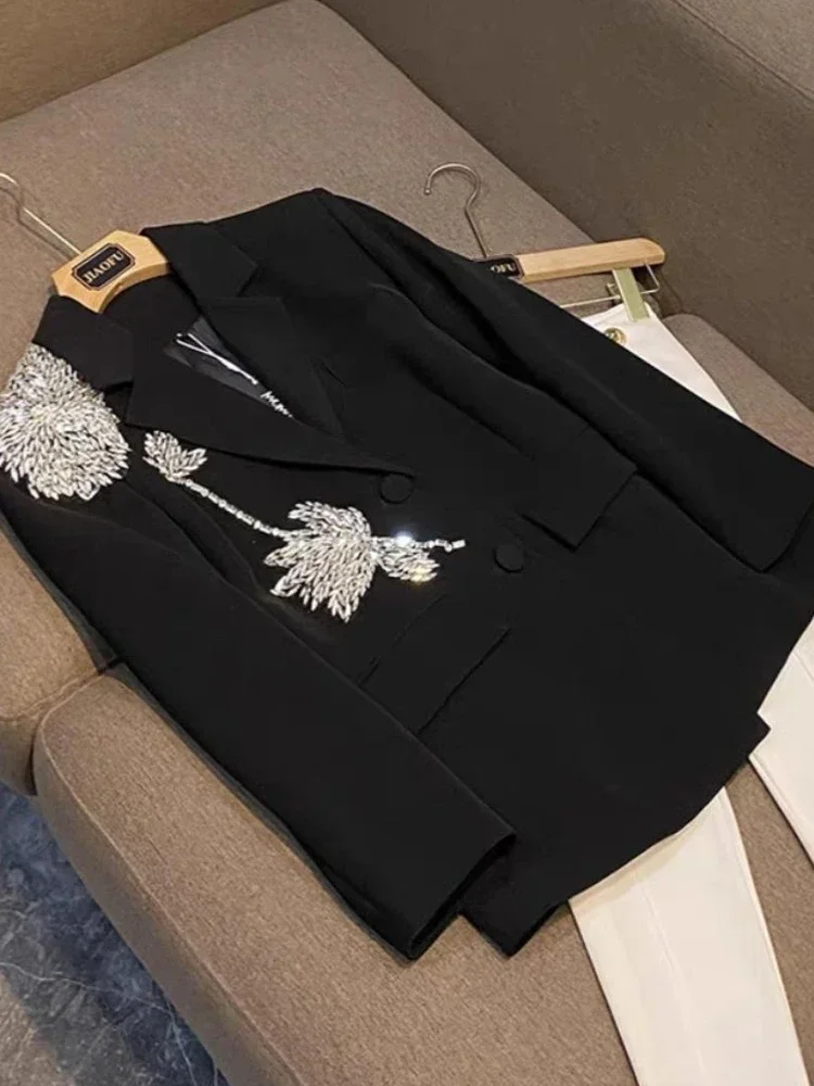 Temperament Rhinestones Flower Splicing Blazers Women 2024 Fall New Elegant Loose Double Breasted Long Sleeve Black Blazer Femme