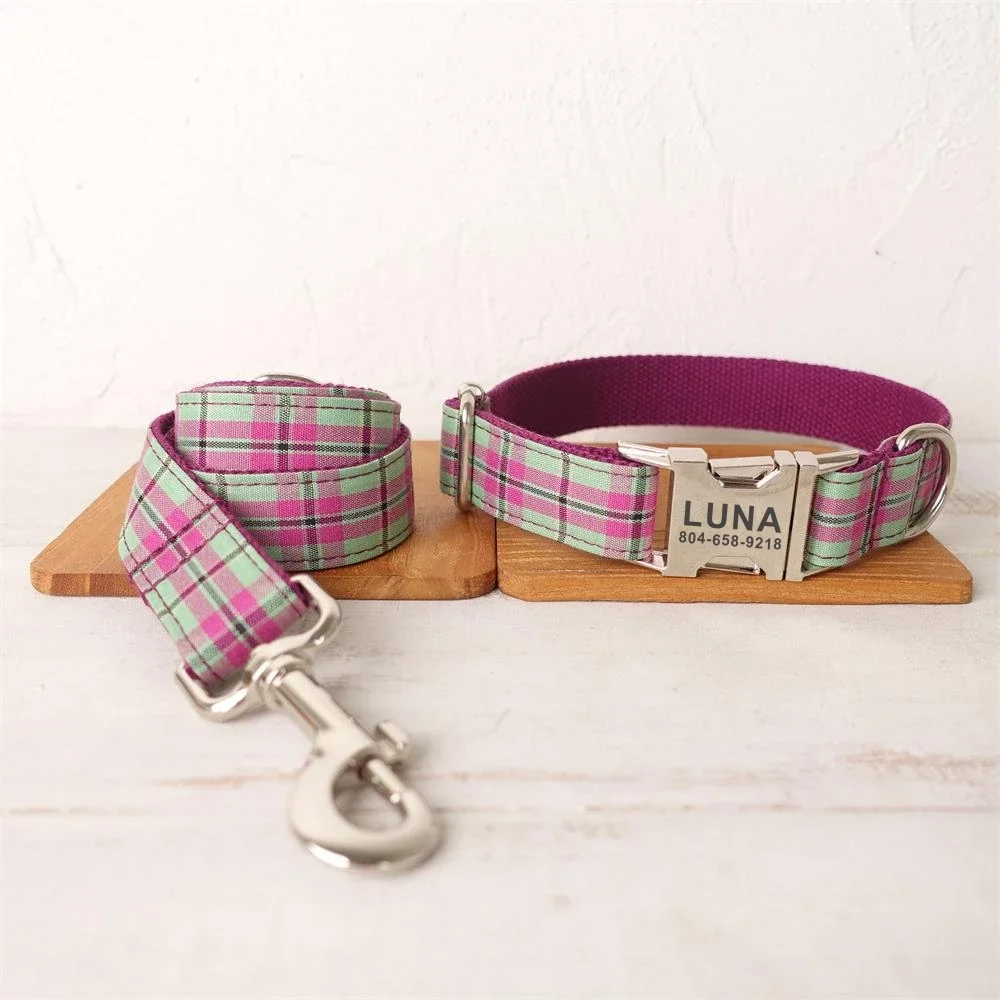 Personalized Dog Collar with Free Engraving, Matching Pet Leash,Customzied Contacts Metal Buckle, Purple Green Plaid Collar