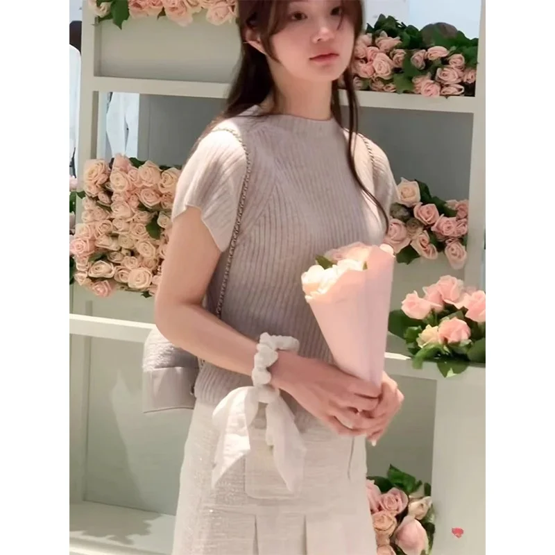 Suéter de Punto de Manga Corta con Cuello Alto a Media Altura, Estilo Dulce y E para Mujer, Corte Regular, Dongda Gate...