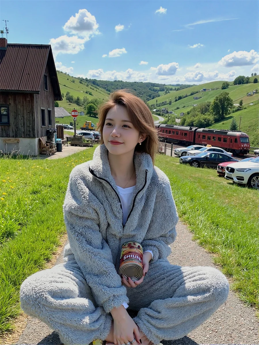 

Pajama Sets Women Unmatched Quality Flannel Thickened Long Sleeve Round Neck Top Elastic Waist Pants Thermal Winter Sleepwear