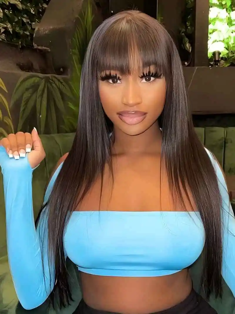 

4x4 Straight Lace Bangs Wig Human Hair Straight 4x4 Transparent Lace Front Wigs Human Hair Pre Plucked with Baby Hair 180Density