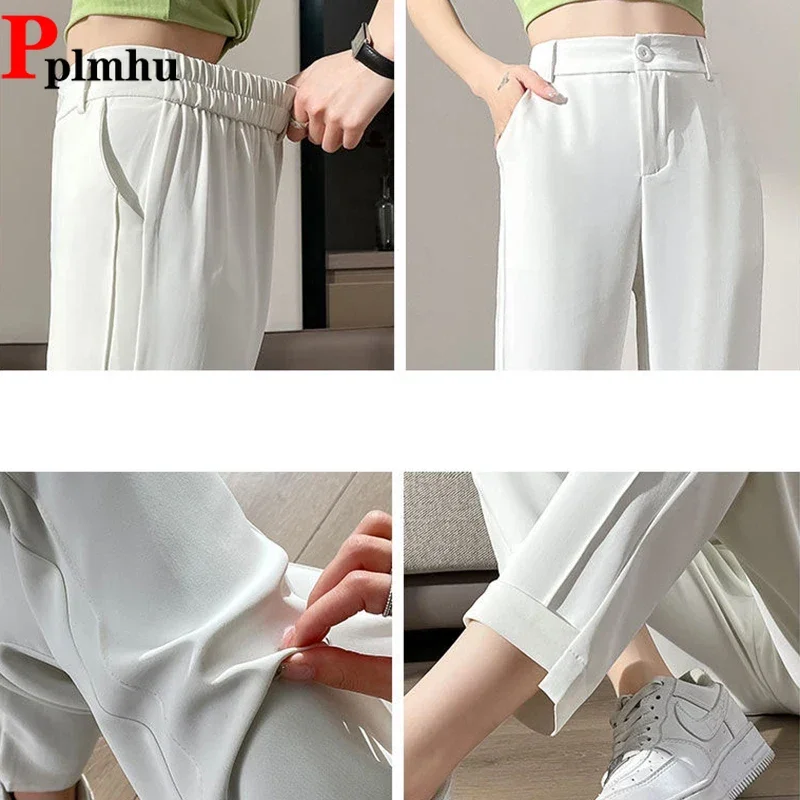 Clássico tornozelo comprimento harem terno pantalones coreia moda escritório feminino spodnie doce cor elástica cintura alta formal calças soltas
