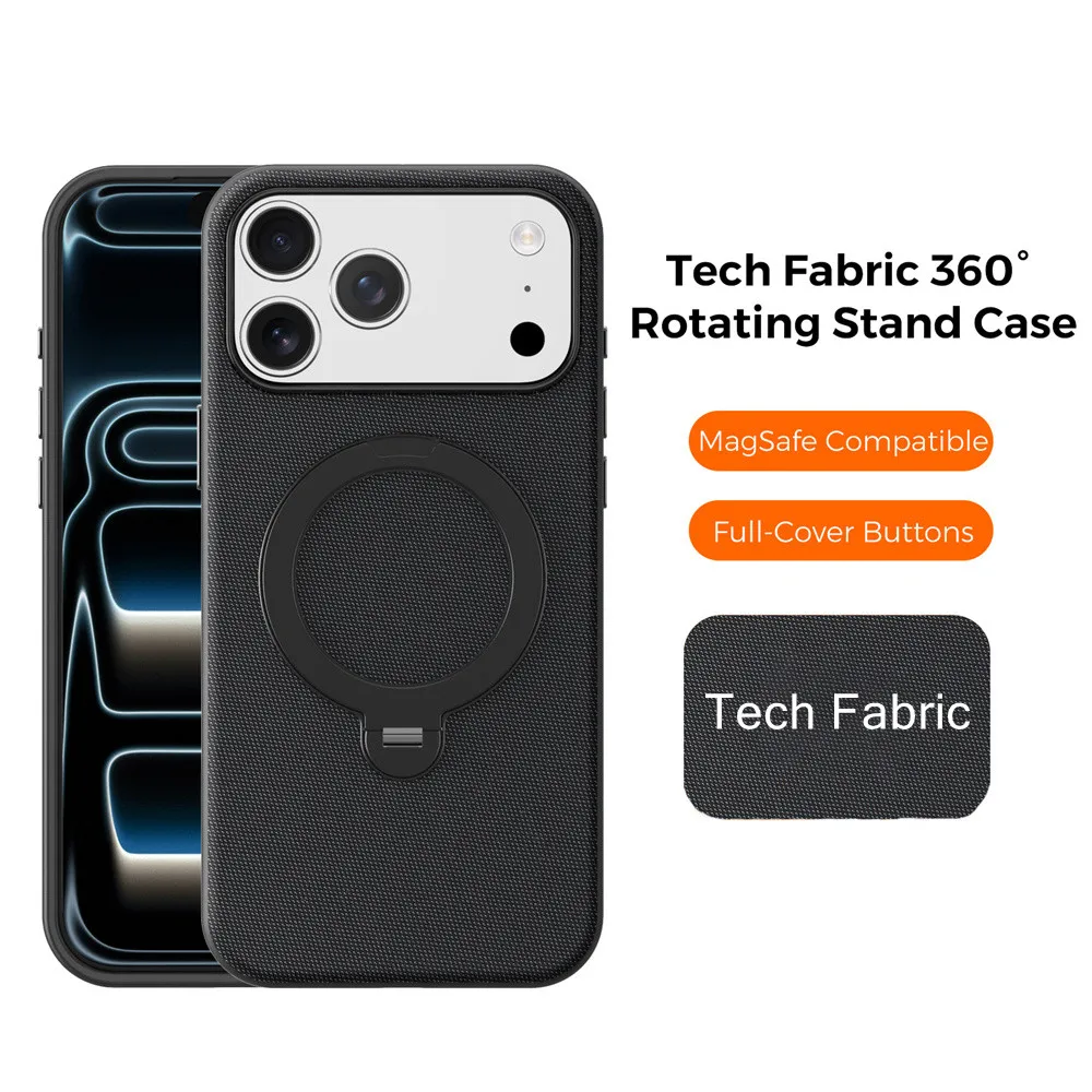 

360 Degree Rotating Stand Tech Fabric Back Leather Magnetic Case For iPhone 16 17 Pro Max 17 Air Metal AI button Magsafe Cover