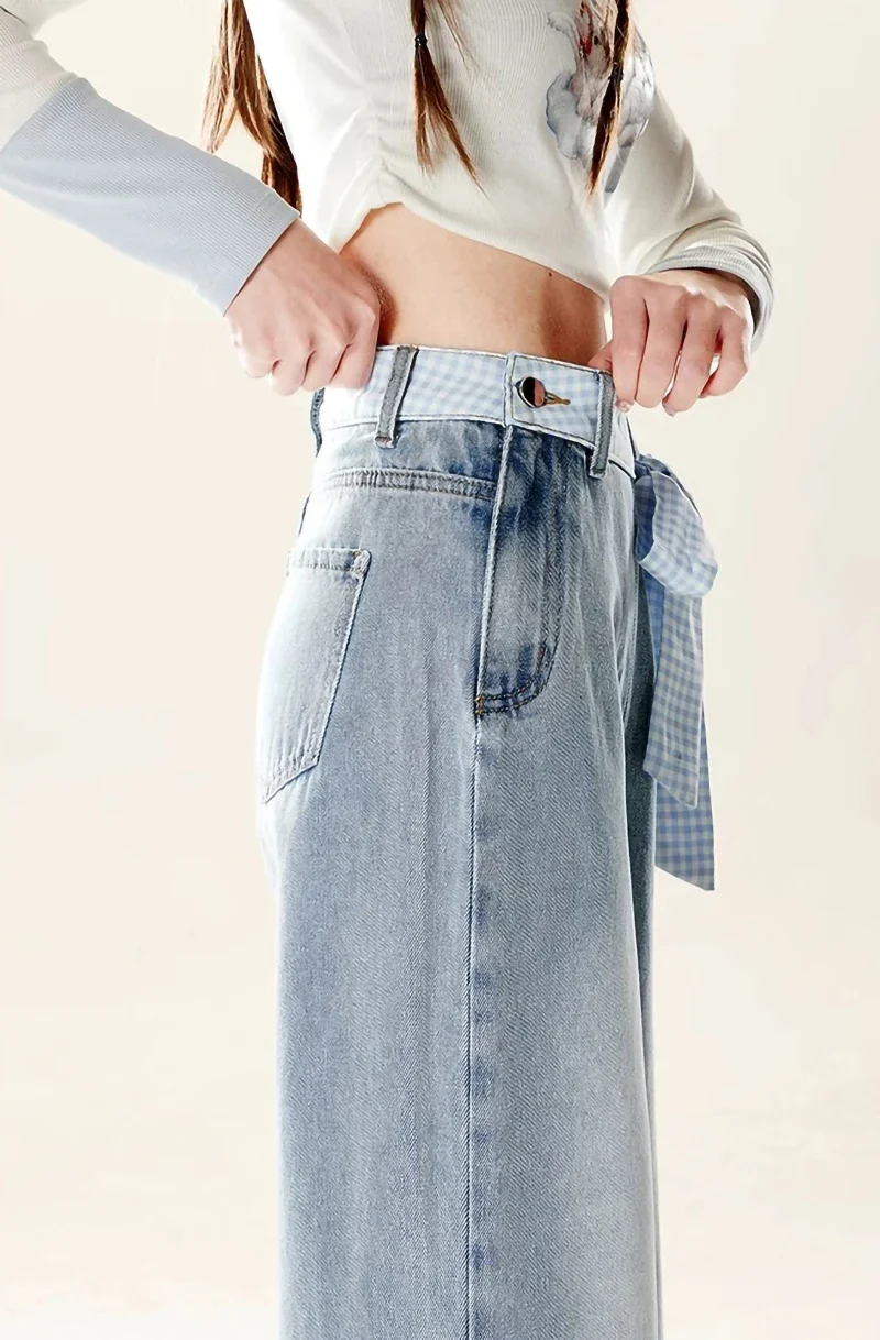 

Women Vintage Blue Plaid Bow Tie Straps Y2k Jeans female Harajuku Korean High Waist Streetwear Loose Casual Wide Leg Denim Pants