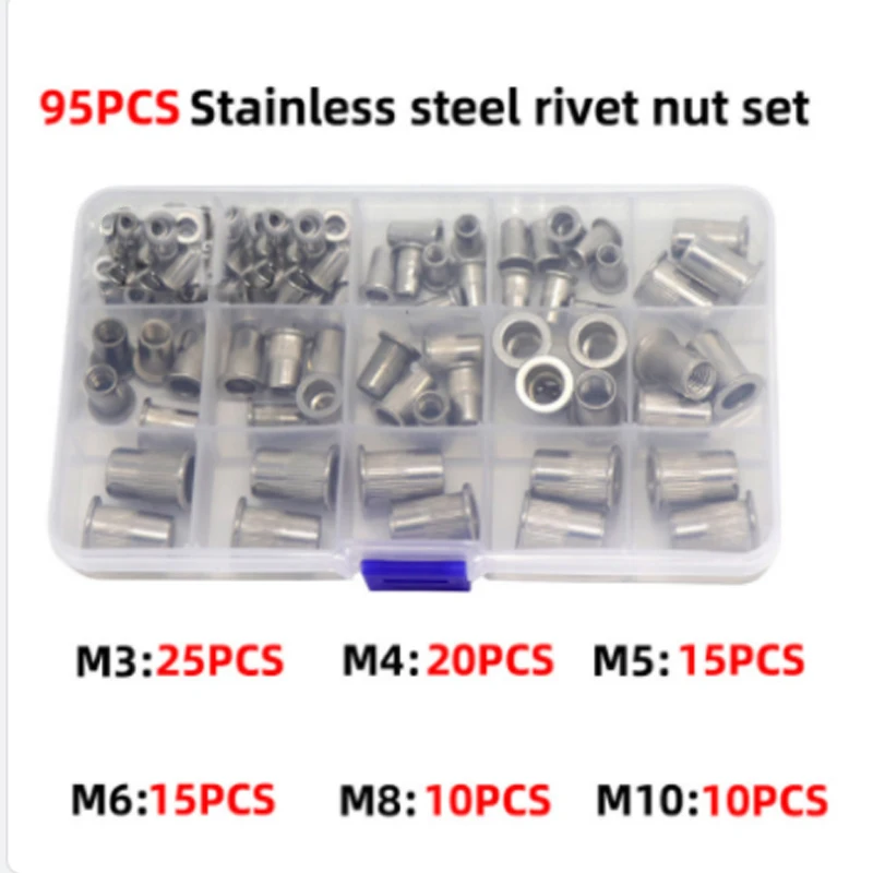 95pcs M3 M4 M5 M6 M8 M10 Rivet Nuts Aluminum Flat Head Rivet Nuts Set Insert Rivets Mix Size Automatic Rivet Tool Set