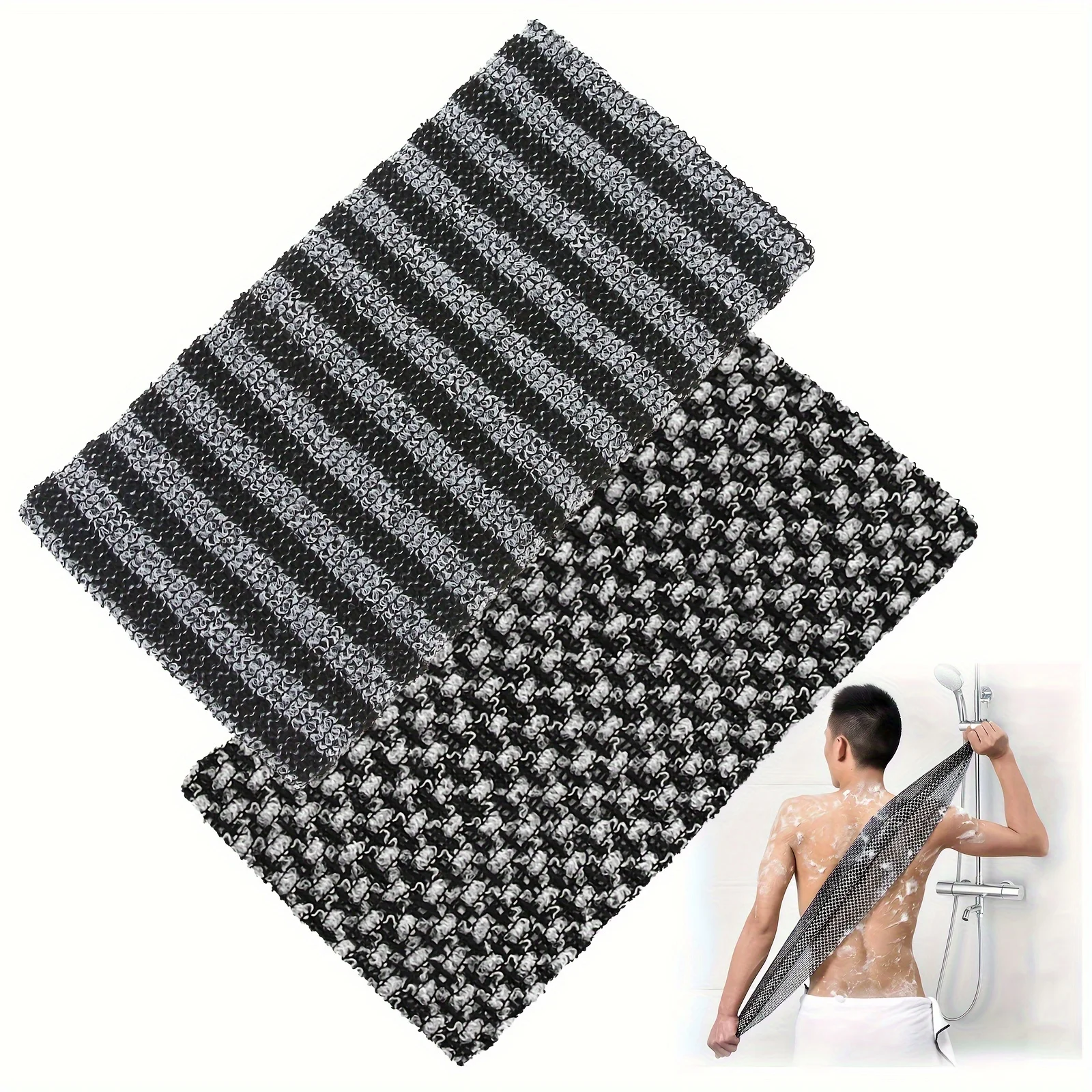 2 قطعة منشفة استحمام التقشير للرجال والنساء فرشاة تنظيف الجسم على الوجهين مع أنماط مخططة شبكية لتدليك سبا للاستحمام #1