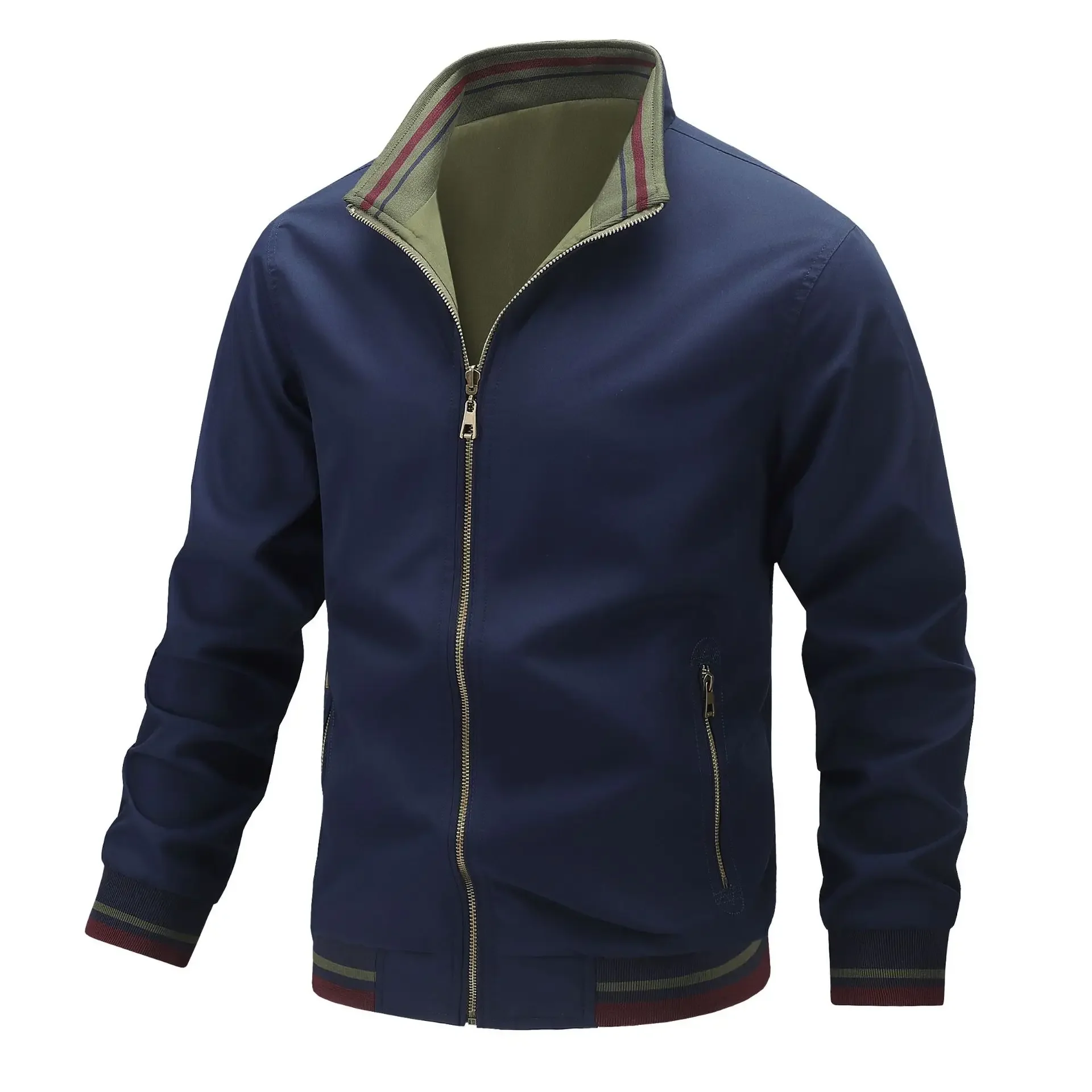 Men Layering Coat Men's Reversible Patchwork Color Jacket with Stand Collar Pockets Outwear Coat for Long Sleeve Elastic Cuffs