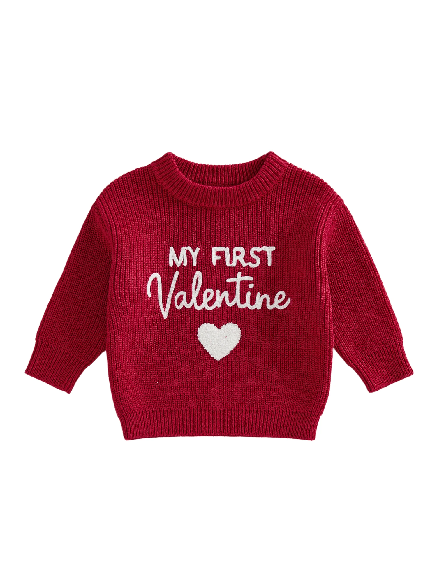 

Детский свитер ко Дню святого Валентина с вышивкой в виде сердца и круглым вырезом в рубчик — уютный вязаный топ с длинными рукавами для малышей