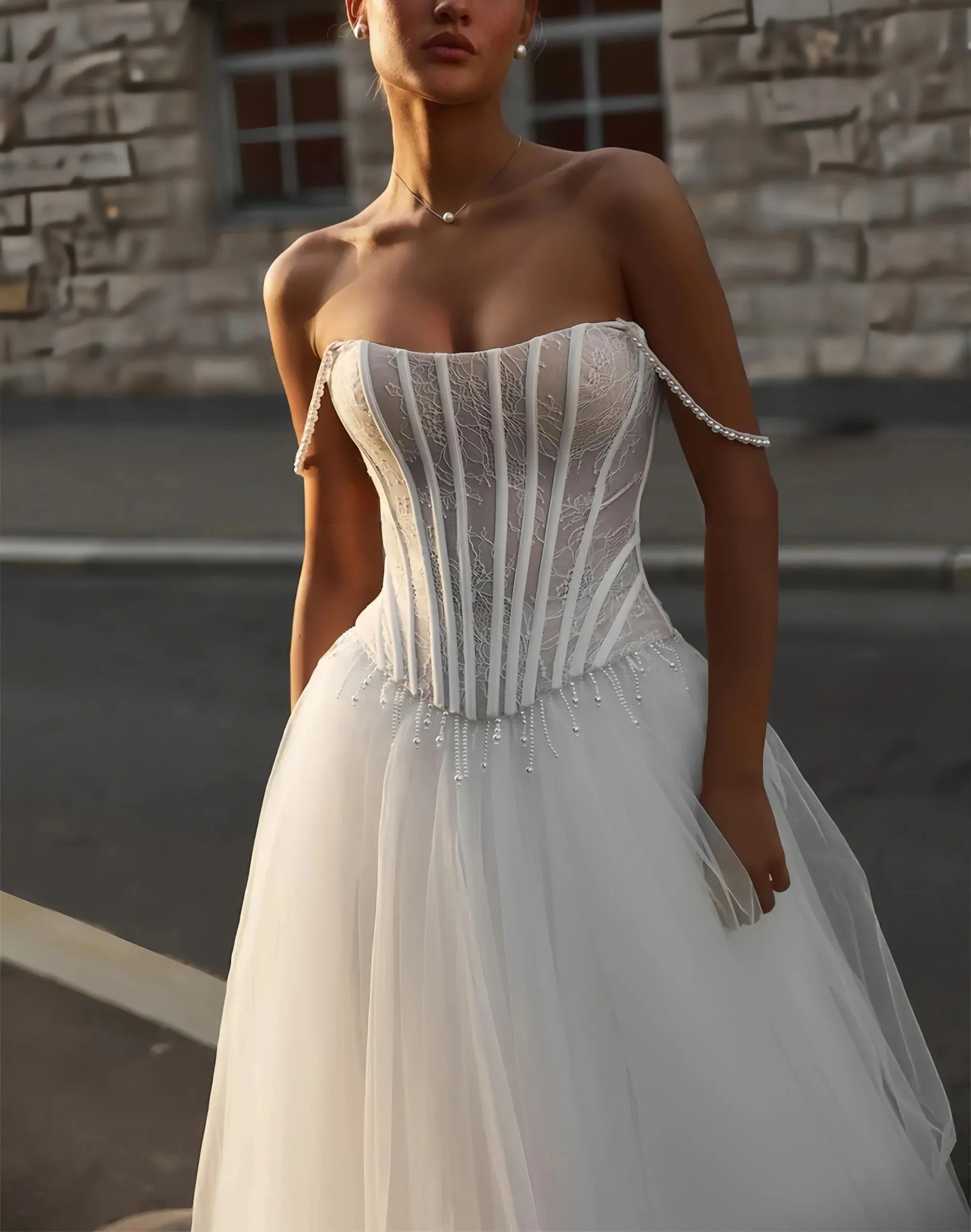 Luxury A-line Wedding Dress For Bride Strapless Pearls Lace Up Tulle Bridal Formal Gown Princess Bride Dresses Vestido De Noiva