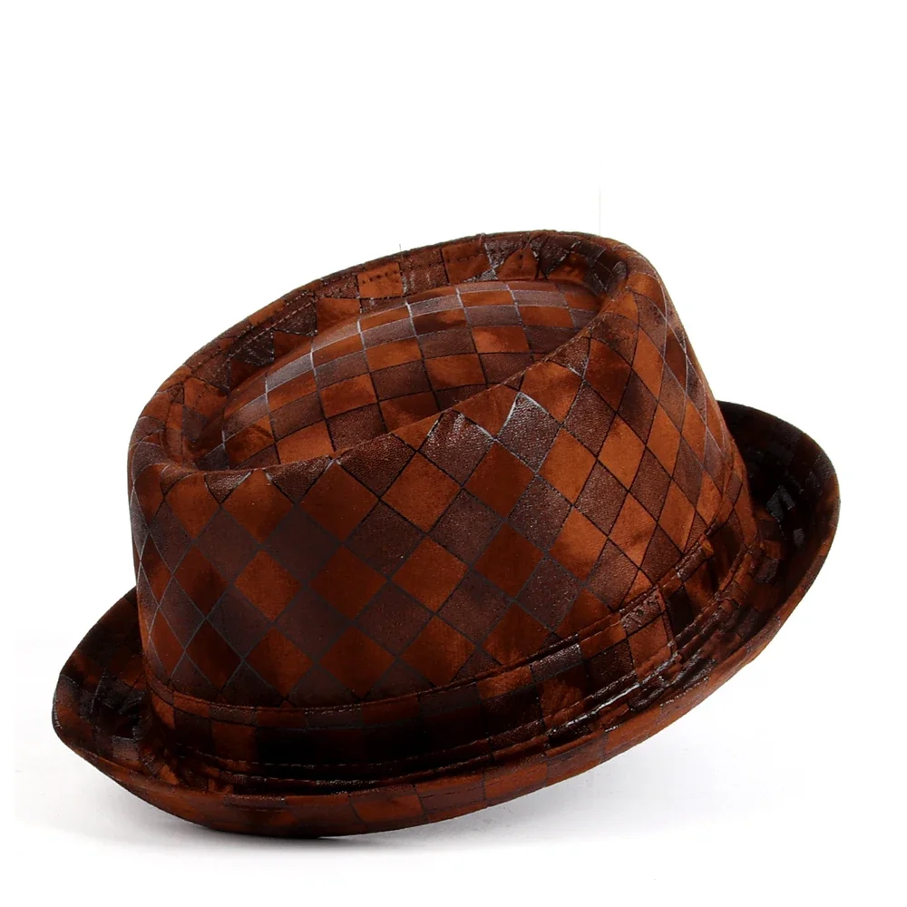 

Men Leather Fedora Hat Flat Pork Pie Hat For Gentleman Dad Bowler Porkpie Jazz Hat Big 4Size S M L XL