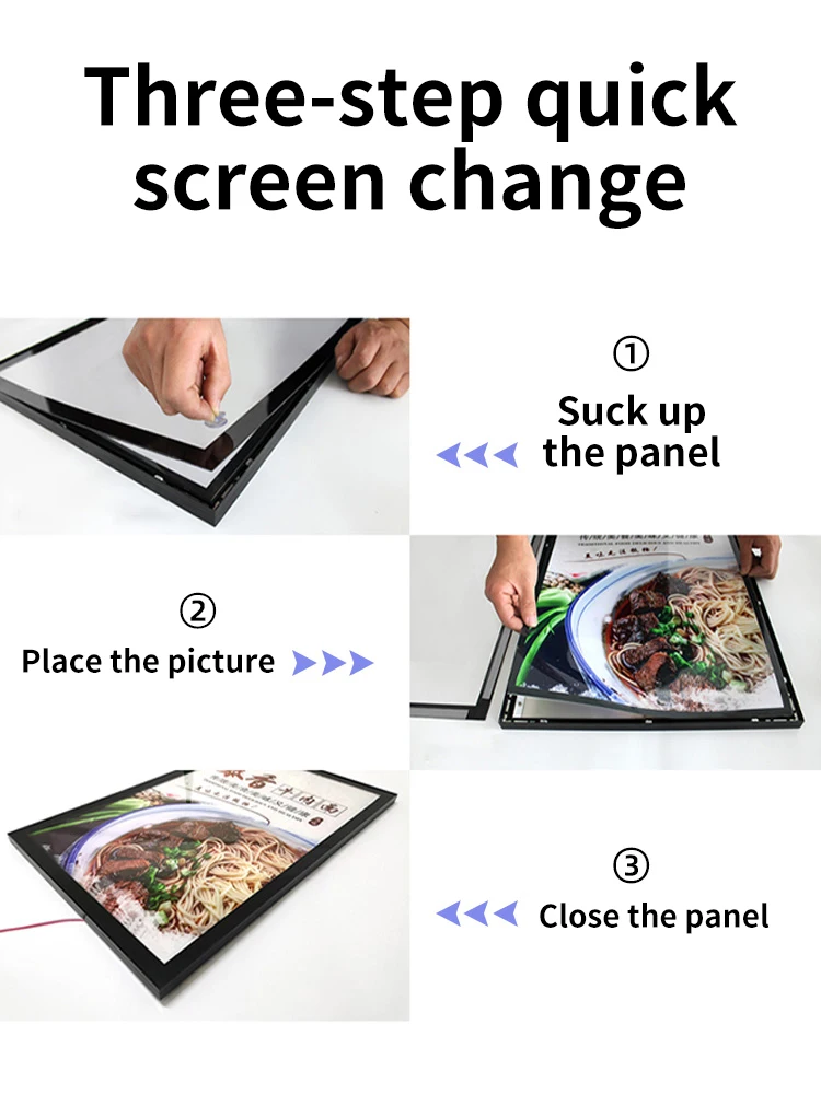 レストラン用のバックライト付きメニューボードスクリーン、薄いスナップフレーム、LEDライトボックス、点灯ポスター表示、カフェとショップ、壁の請求ボード