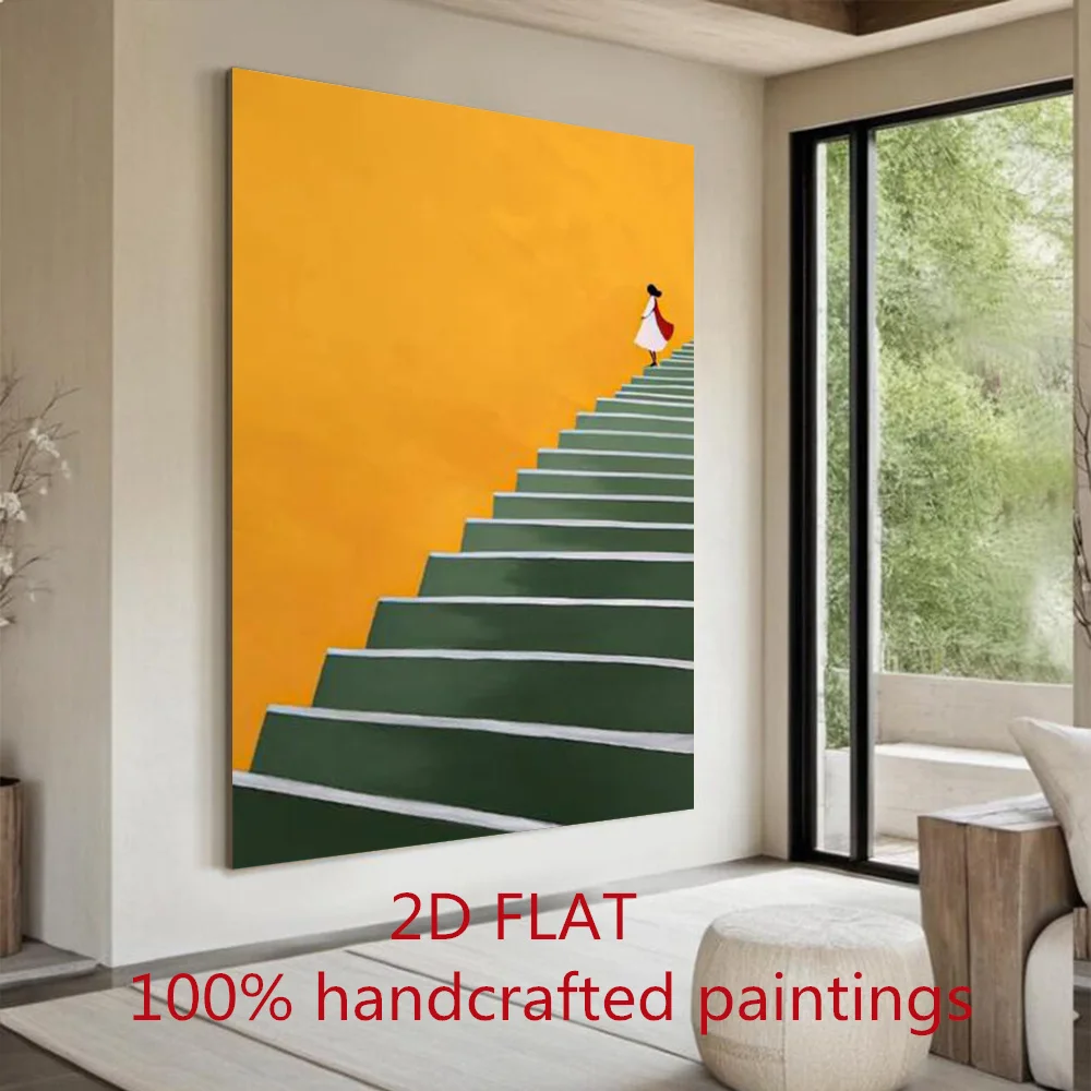 Hand Drawn Abstract Oil Painting Handmade the Girl Who Climbed the Stairs Path of Growth Wall Art Decor for Home Living Room