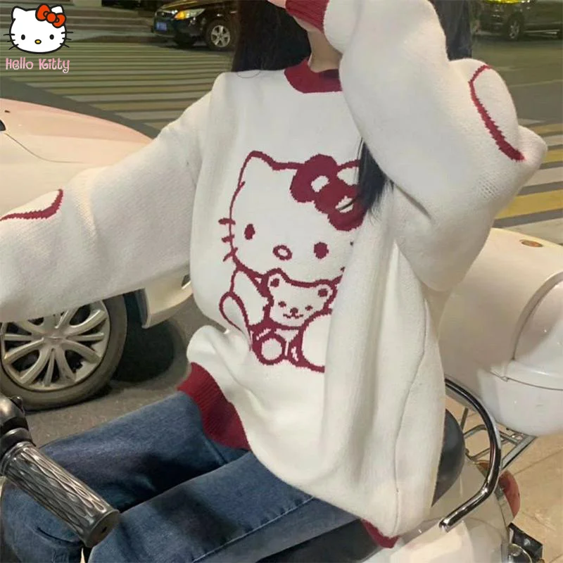 Kawaii Hello Kitty Sweater Hoodie Sanrio Female Autumn Wear Pullovers Loose Top Korean Sweater Women Fashion Long Hello Kitty