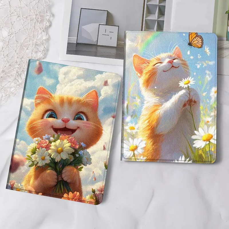 

Cute Cat Holding Flowers For iPad Pro Air Mini 2 3 4 5 6 7 6th 7th 10th 11th 10.2 9.7 10.5 11 Foldable Tablet Case Gift