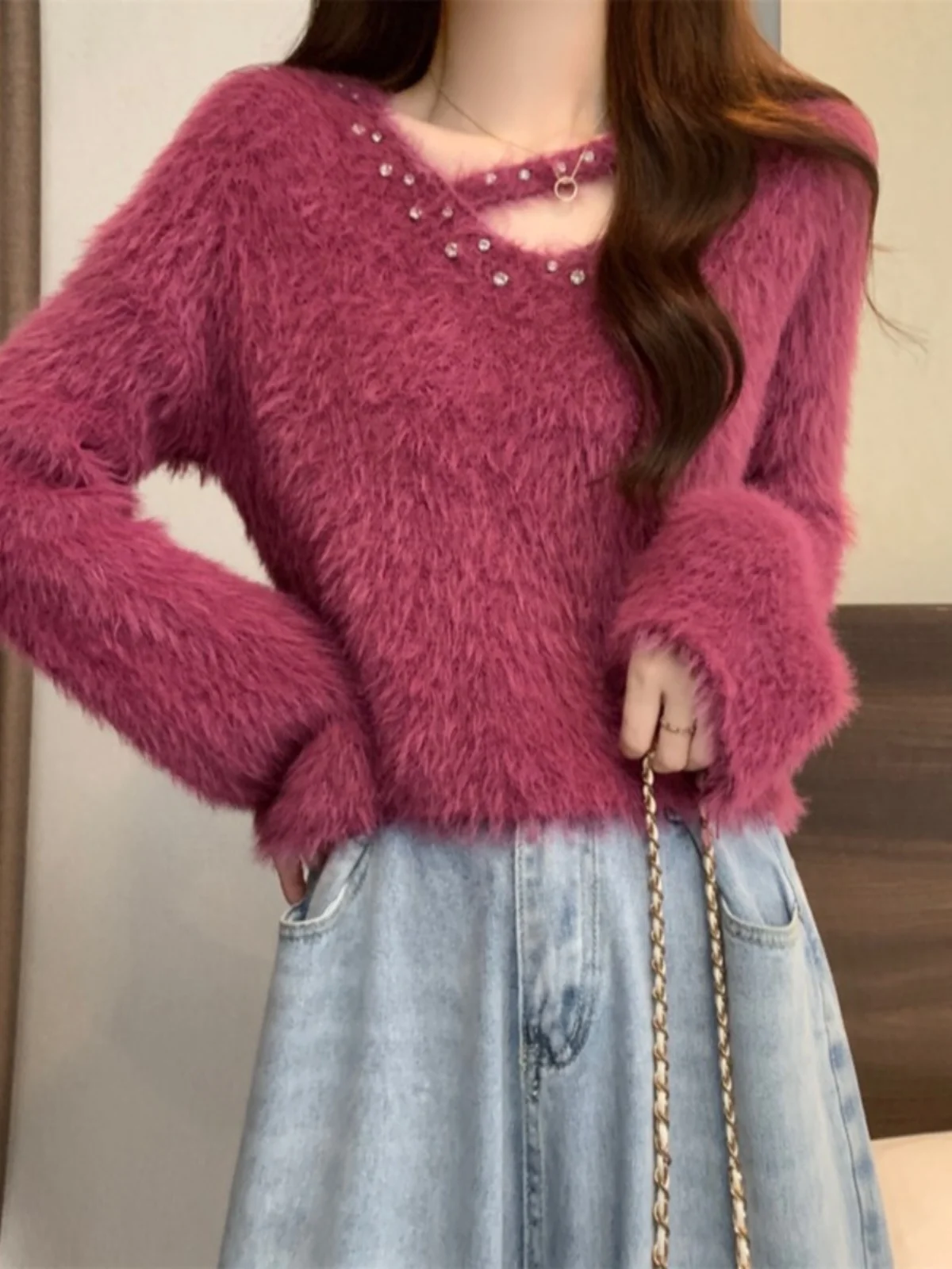 

Soft ort V-Ne Hollow out Mink Sweater Women's Spring Autumn Knitted Loose Fit Long Sve Pure Color Lazy Sle Top