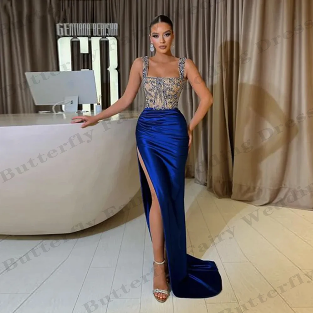 

2024 Royal Blue Women's Evening Dresses Satin Pleated Princess Prom Gowns Mermaid Sexy Side Split Formal Beach Party Customized