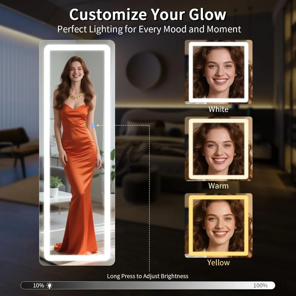 Miroir pleine longueur éclairé par LED, gradation 65 x 24 et réglable en 3 couleurs, grand miroir de coiffeuse pour chambre à coucher