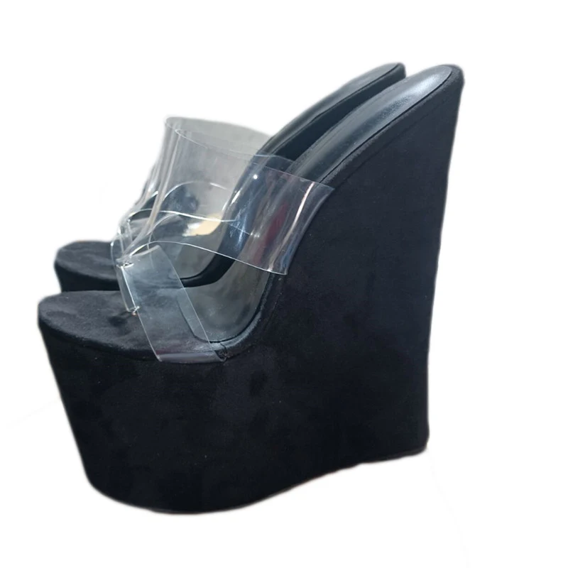 SHOFOO Fashionable women's high-heeled slippers Transparent PVC slippers About 18cm heel height Wedges platform  Flip flops